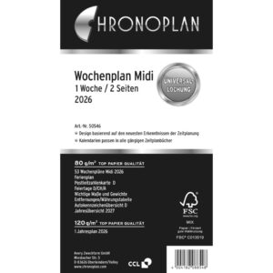 Wochenplan, Midi, 2026, Weiß, 96 x 172 mm, Inhalt: 63 Blätter / 1 Stück