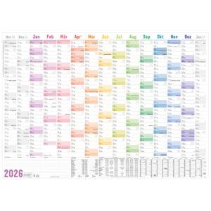 Jahreswandplaner 2026 89cm x 63cm (A1+) gerollt abwischbar, Rainbow