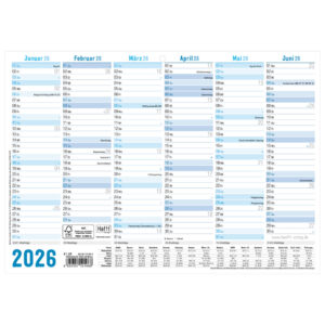 Tafelkalender 2026 DIN A4 quer, 6 Monate / 1 Seite, blau