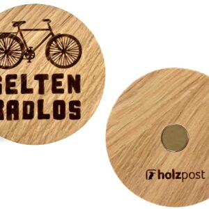 Magnet aus Eiche "Selten Radlos" d= 6cm, Motiv graviert