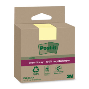 Haftnotizblock Super Sticky Recycling Notes aus 100% recyceltem Papier, 76x76 mm, gelb, 3 x 70 Blatt