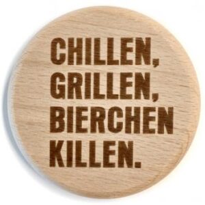 Glasdeckel aus Buche "Chillen" Größe ca. 10cm, Motiv graviert